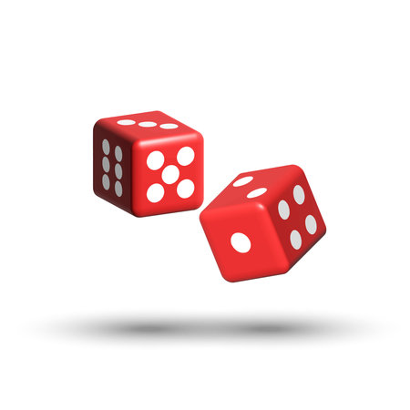 Roll of the 3d two red dices with white dots isolated a white background, symbolizing luck, chance, and gaming, perfect for casino, gambling, board games, and entertainment-themed designs.のイラスト素材