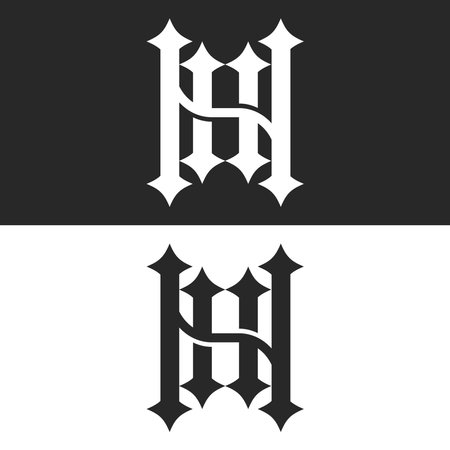 Elegant initials NH or HN letters monogram logo design with gothic sharp serif typography and symmetrical layout in black and white, branding visual identity.のイラスト素材