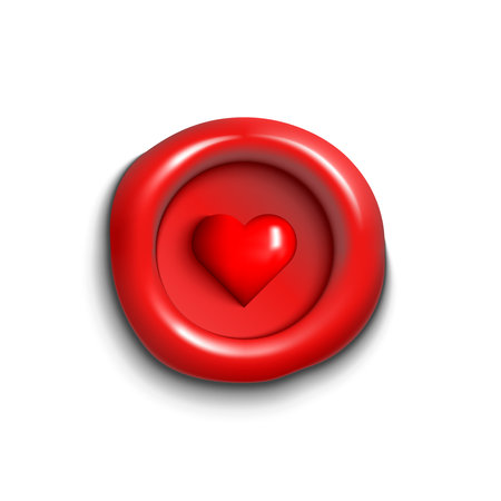 Red wax seal with heart shaped vector mockup isolated on white background with a realistic glossy texture. Design for wedding envelope, symbolizing love, romance, valentine day template.のイラスト素材