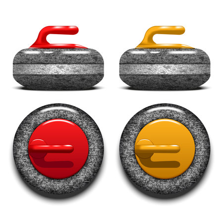 Curling stones with red and yellow handles realistic 3d vector isolated on a white background, granite texture and detailed top-down and side views. Winter sports, curling team games and competition.のイラスト素材