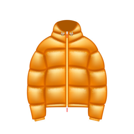 Yellow puffer jacket mockup with a hood isolated on white, realistic vector 3d clothes illustration, down jacket winter fashion trends. For apparel design or seasonal wardrobe presentation.のイラスト素材