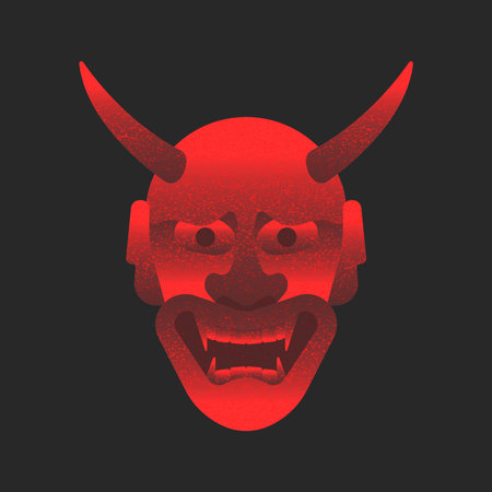 Hannya mask illustration with devilish horns red glowing neon and noise textured, traditional japanese demon face symbol of anger, jealousy and rage for theater, tattoo designs, and cultural identity.のイラスト素材
