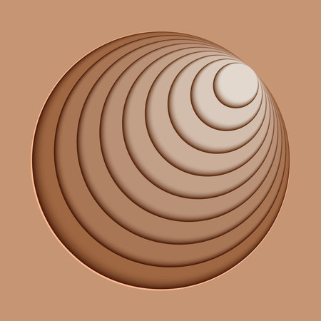 Abstract gradient circular pattern design in warm beige tones, creating a hypnotic three-dimensional effect with layered concentric displaced circles for artistic, decorative, and digital backgrounds.のイラスト素材