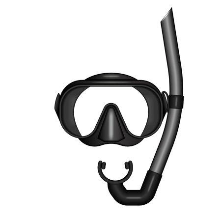 Realistic diving mask and snorkel tube black set 3d vector objects front view isolated on white, equipments for underwater adventures, snorkeling, and scuba diving, marine exploration.のイラスト素材