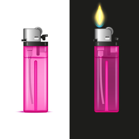 Pink plastic lighter isolated with transparent body and metallic top realistic vector 3d, industrial detailed design in two views: isolated on a white background and with a flame on a dark background.のイラスト素材