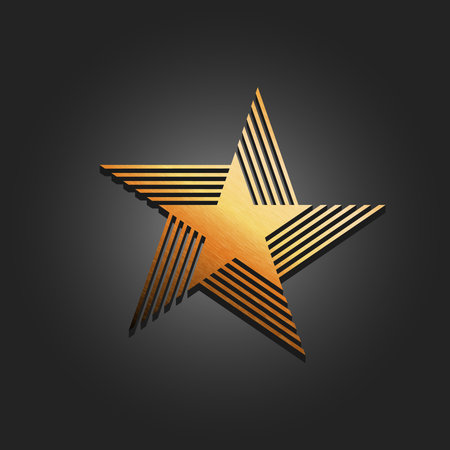 Luxurious golden metal star  with a modern geometric striped design on a dark gradient background,...