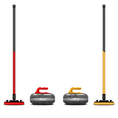 Two granite curling stones and two sweeping brooms realistic 3d vector curling equipment clipart set...