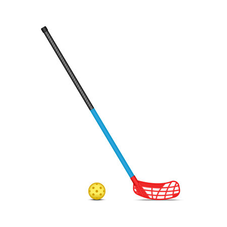 Floorball stick with red blade and yellow hollow plastic ball with holes isolated on white background, realistic 3d vector sports set equipment for indoor game.のイラスト素材