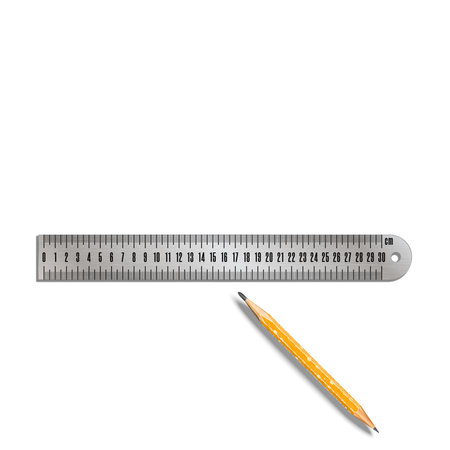 Metal centimeter ruler and short sharpened old used pencil realistic 3d vector isolated on white background top view, for measurement, engineering drawing or educational poster or banner mockup.のイラスト素材