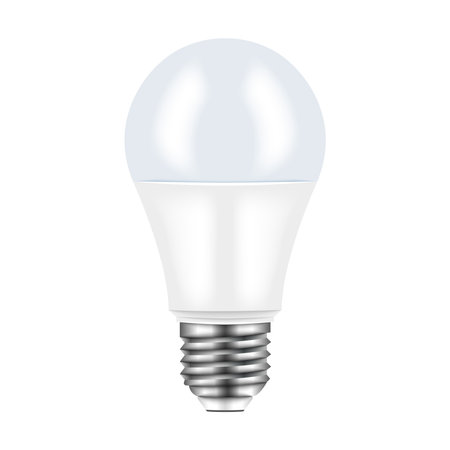 LED light bulb mockup with screw base vector 3d model isolated white background front view, energy saving design, electric product presentation, illumination, and sustainable lighting concept.のイラスト素材