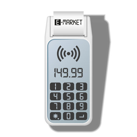 POS terminal mockup with digital keypad realistic 3d vector model top view isolated on white background, touch display showing transaction amount, receipt printer, and contactless payment icon.のイラスト素材