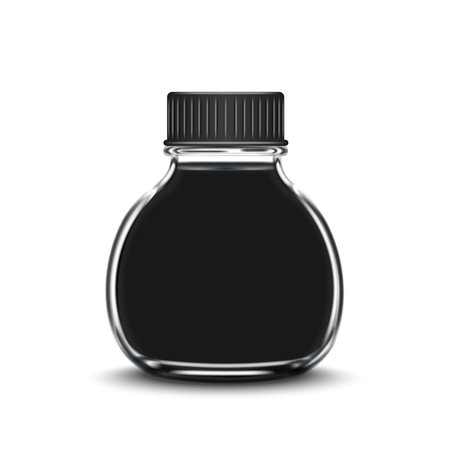 Realistic small glass bottle with black ink with a screw cap 3d vector mockup isolated on white front view for drawing, writing, or a calligraphy product packaging presentation.のイラスト素材