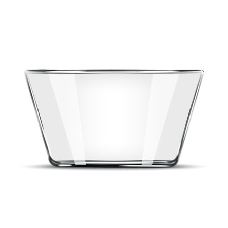 Empty transparent glass bowl realistic 3d vector presentation mockup front view isolated on white with blank space and shadows for food, salad, soup, or dessert.のイラスト素材