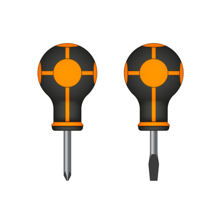 Set of two small realistic screwdrivers mockup 3d vector models with black and orange handles isolated on white: phillips - crosshead and flathead - slotted tools.のイラスト素材