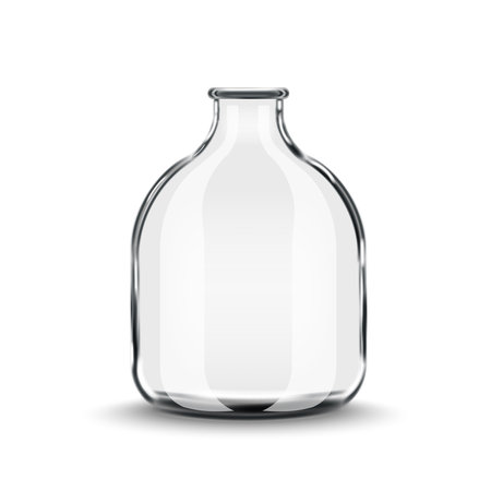 Realistic empty clear glass bottle mockup with wide rounded body 3d mockup isolated on white front view, vase vector illustration for chemical, pharmaceutical, or beverage packaging design.のイラスト素材