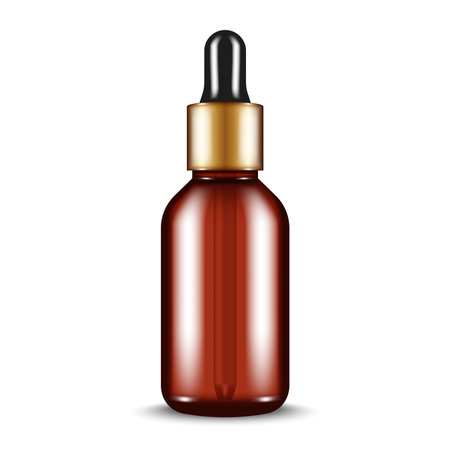 Brown glass dropper bottle with gold metallic cap and pipette isolated on white front view, realistic 3d vector cosmetic blank mockup for essential oil, serum or beauty product packaging template.のイラスト素材
