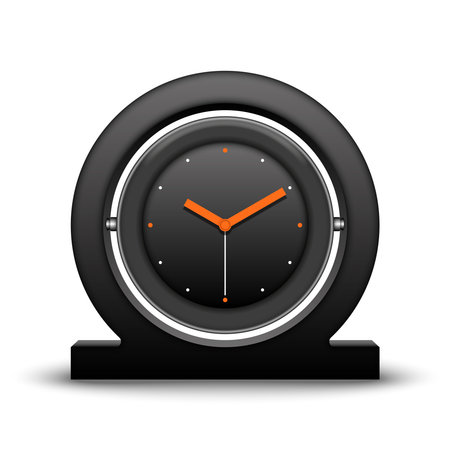 Modern black analog desk clock or alarm clock prototype with orange pointers isolated on white front view photorealistic 3d mockup vector illustration, scandinavian style home decor interior design.のイラスト素材