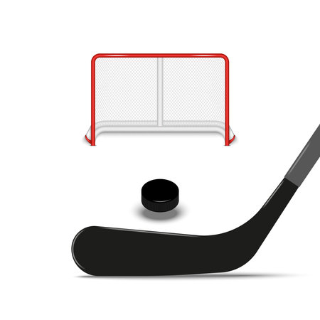 Realistic ice hockey 3d equipment including a net goal, stick, and puck isolated white background, detailed sport vector illustration moment shooting at the puck.のイラスト素材