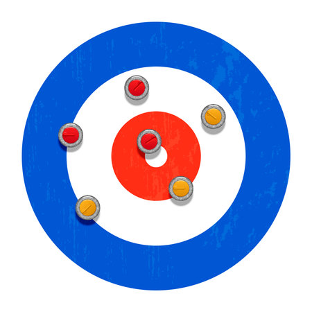 Curling sheet target-house with six red and yellow granite stones top view, for winter sports...