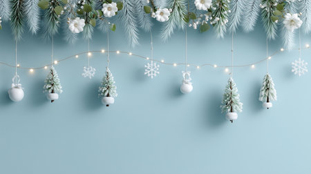 Light blue Christmas background with white garland and ornamentsの素材