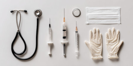 Flat lay of medical instruments including stethoscope, syringe, thermometer, mask and gloves on a clean white background. Minimalism, photorealistic, high detail, no brands, no logos.の素材
