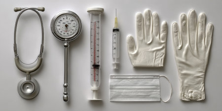 Flat lay of medical instruments including stethoscope, syringe, thermometer, mask and gloves on a clean white background. Minimalism, photorealistic, high detail, no brands, no logos.の素材
