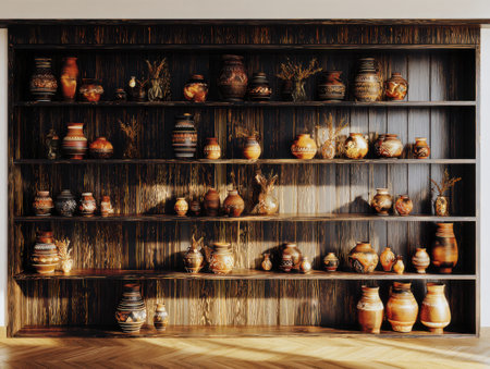 Ceramic vases on a wooden shelf in the interior.の素材