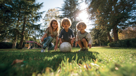 Group of happy kids playing football in the park. Selective focus.の素材