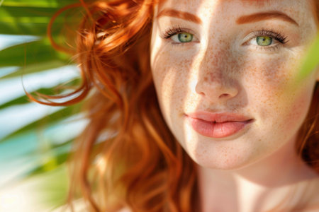 Close up portrait of beautiful young redhead woman with frecklesの素材