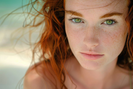 Close up portrait of beautiful young redhead woman with frecklesの素材