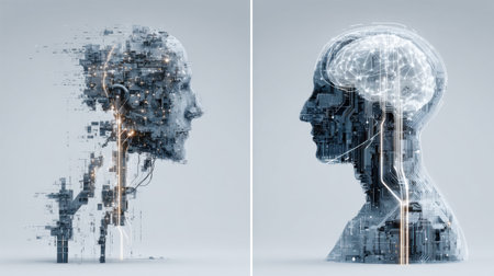 Double exposure of human head and brain. Artificial intelligence concept. 3D Renderingの素材