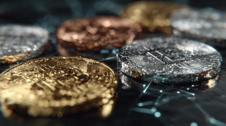 Gold, silver and bronze coins on a dark background close-upの素材