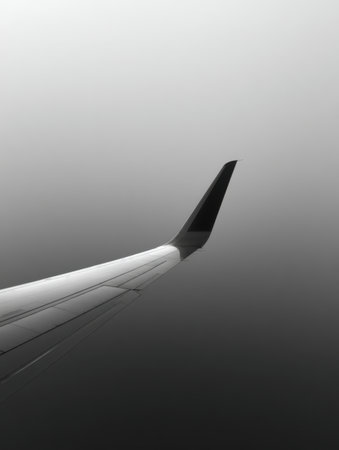 Wing of an airplane in the fog, close-up of photoの素材