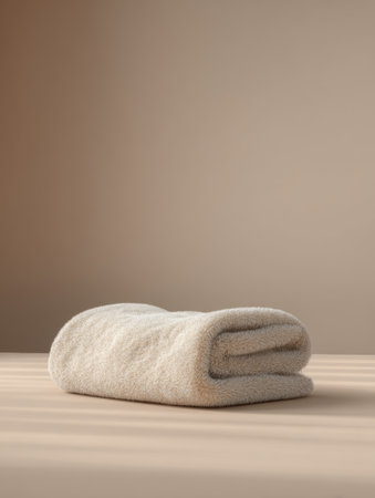 Towel on a wooden table in a spa salon. Copy space.の素材