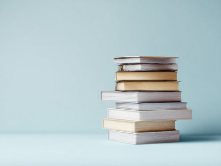 Stack of books on light blue background. Back to school concept.の素材