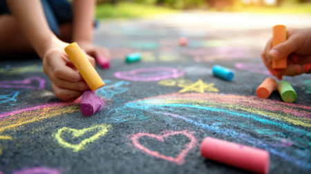 Children drawing with chalk on asphalt in park, closeup of handsの素材