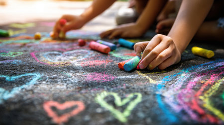 Close up of children's hands drawing with colorful chalk on the asphaltの素材