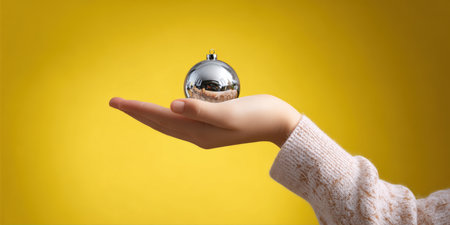 Female hand holding Christmas ball on yellow background, closeup. Space for textの素材