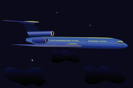 illustration of airplane flies under the night skyのイラスト素材
