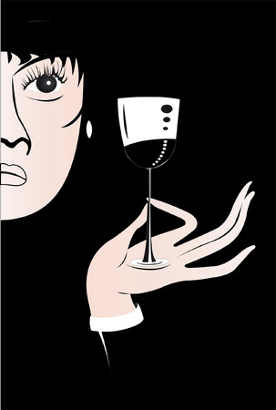 Lady with a glass of wine under the black backgroundのイラスト素材