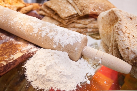 rolling pin with a flour and lavashの写真素材