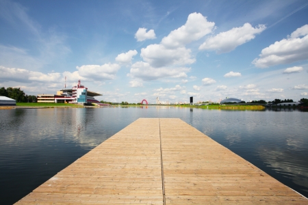 Landscape with the image of Moscow district Krylatsky hills and the Olimpic rowing canalの写真素材