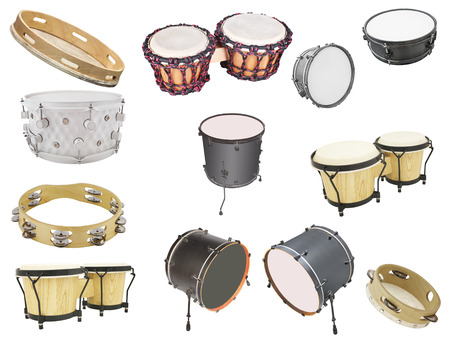 Different kinds of percussion instruments isolated under the white backgroundの写真素材