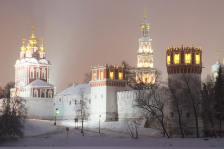 landscape with the image of Novodevichy Convent at night, Moscow, Russiaの写真素材