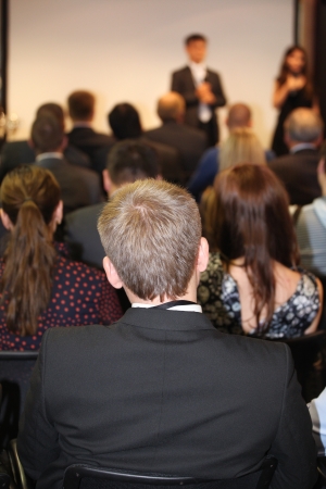 The audience listens to the acting in a conference hallのeditorial素材