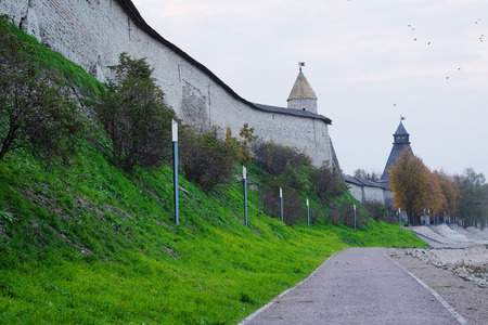 image of a wall with tower in Pskov Krom (Kremlin), Russiaの写真素材