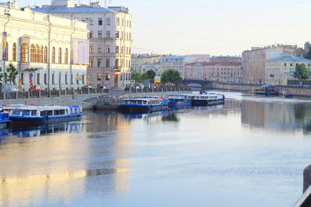 image of a River channel with boats in Saint-Petersburgの写真素材