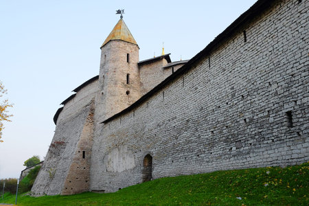 image of a wall with tower in Pskov Krom (Kremlin), Russiaの写真素材