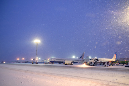 Moscow, Russia, February, 09,2015: commercial airplanes parking at the airport in winterのeditorial素材