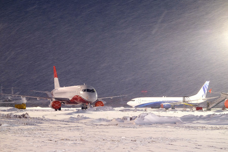 Moscow, Russia, February, 09,2015: commercial airplanes parking at the airport in winterのeditorial素材